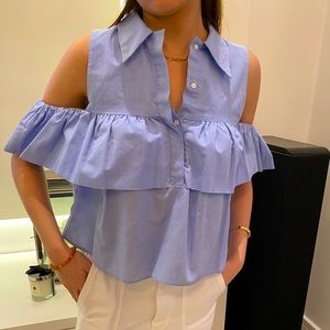 Zara top with exposed shoulders.  Ruffled off the shoulder sleeves.  Size XS
